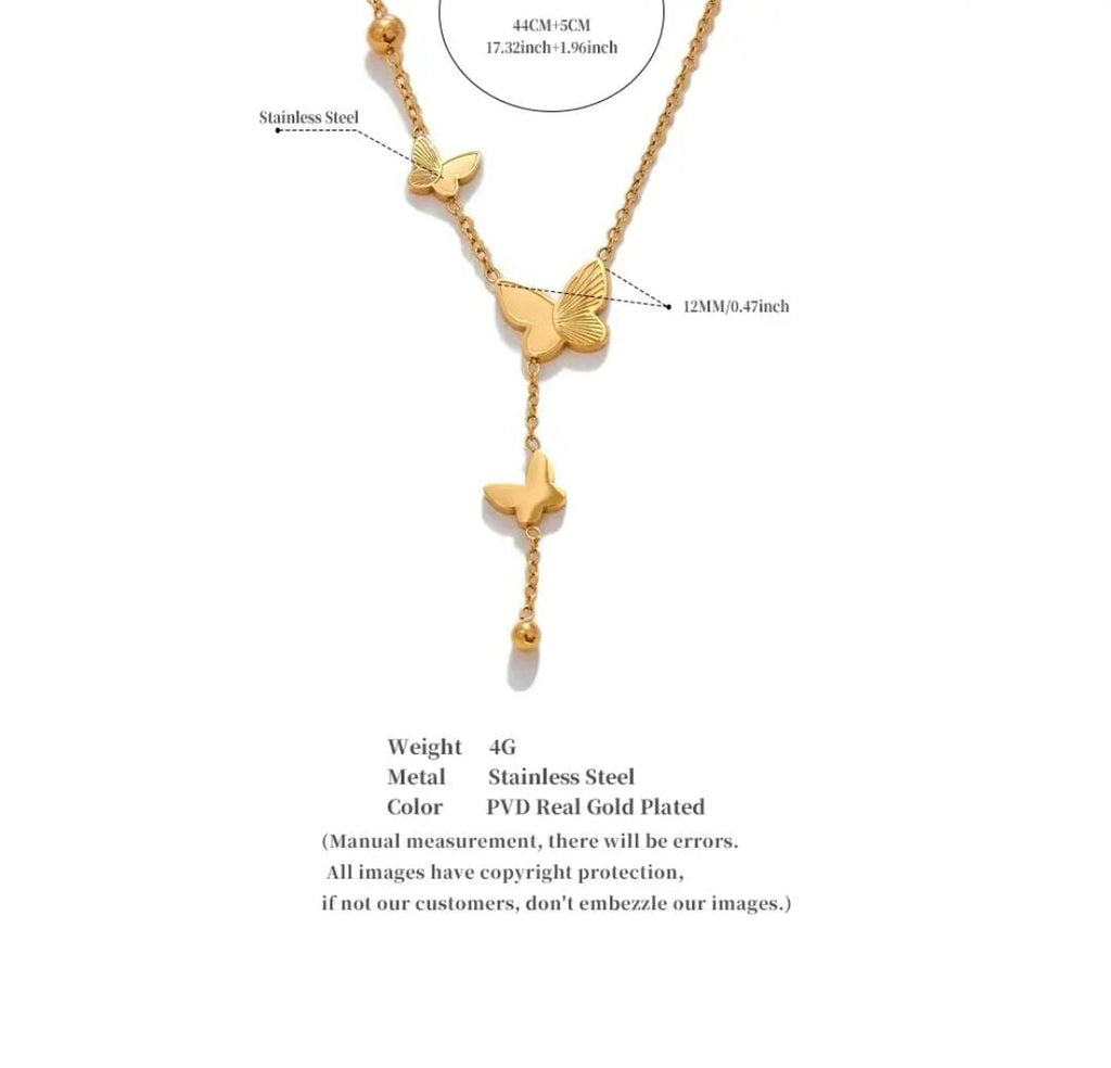 Anti-Tarnish Three Butterflies Drop 316L Stainless Steel Necklace