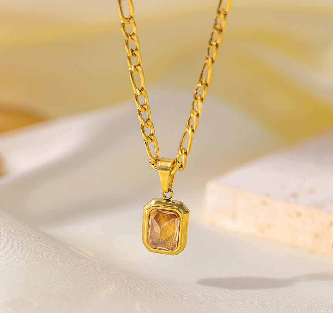 Anti-Tarnish Caramel Stone Cuban Chain Stainless Steel Necklace