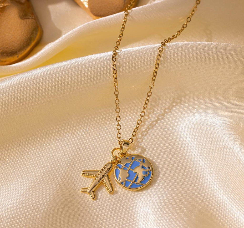 Anti-Tarnish Globe & Plane Charm Nomad's Stainless Steel Necklace