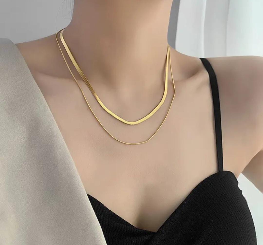 Anti-Tarnish Dual Layer Snake & Flat Chain Stainless Steel Necklace
