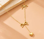 Anti-Tarnish Heart Drop Two Bow 316L Stainless Steel Necklace