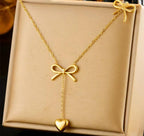 Anti-Tarnish Heart Drop Two Bow 316L Stainless Steel Necklace
