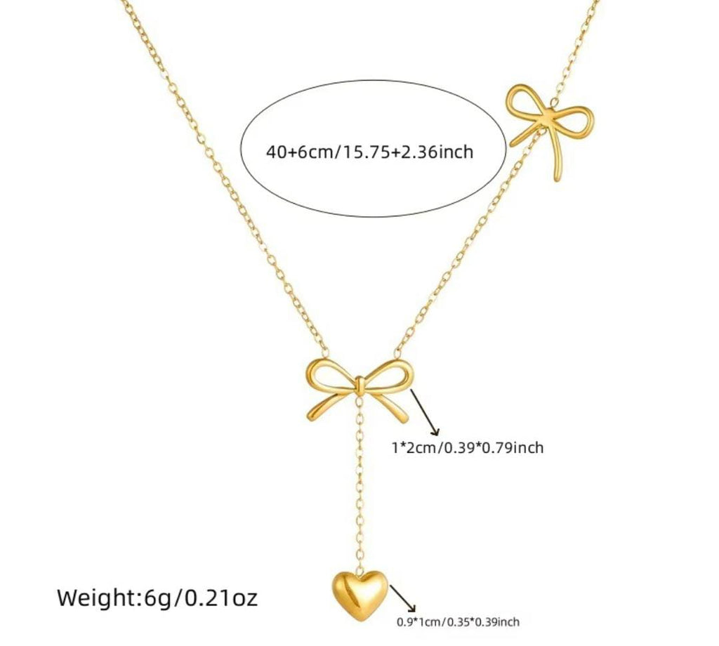 Anti-Tarnish Heart Drop Two Bow 316L Stainless Steel Necklace