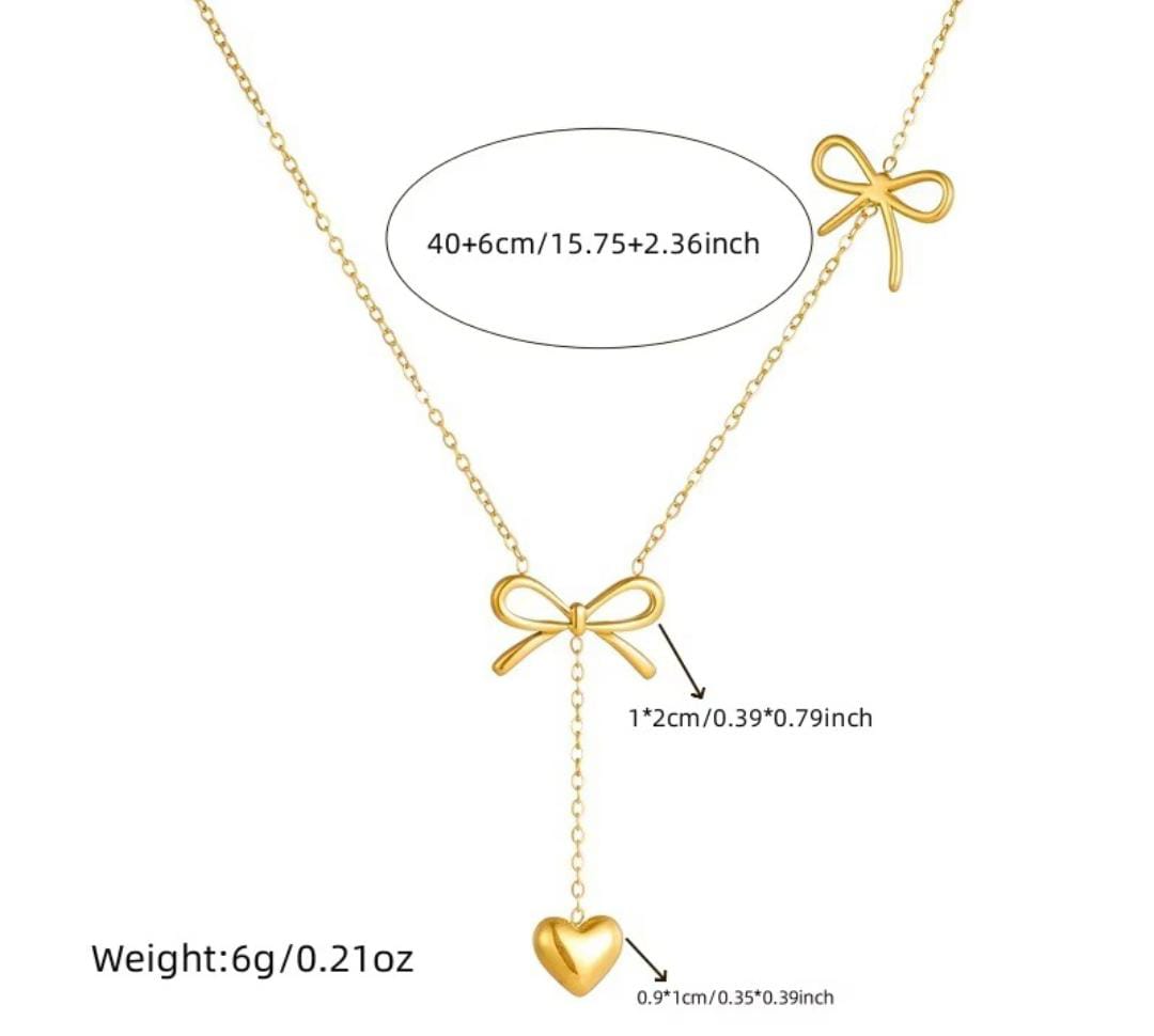 Anti-Tarnish Heart Drop Two Bow 316L Stainless Steel Necklace