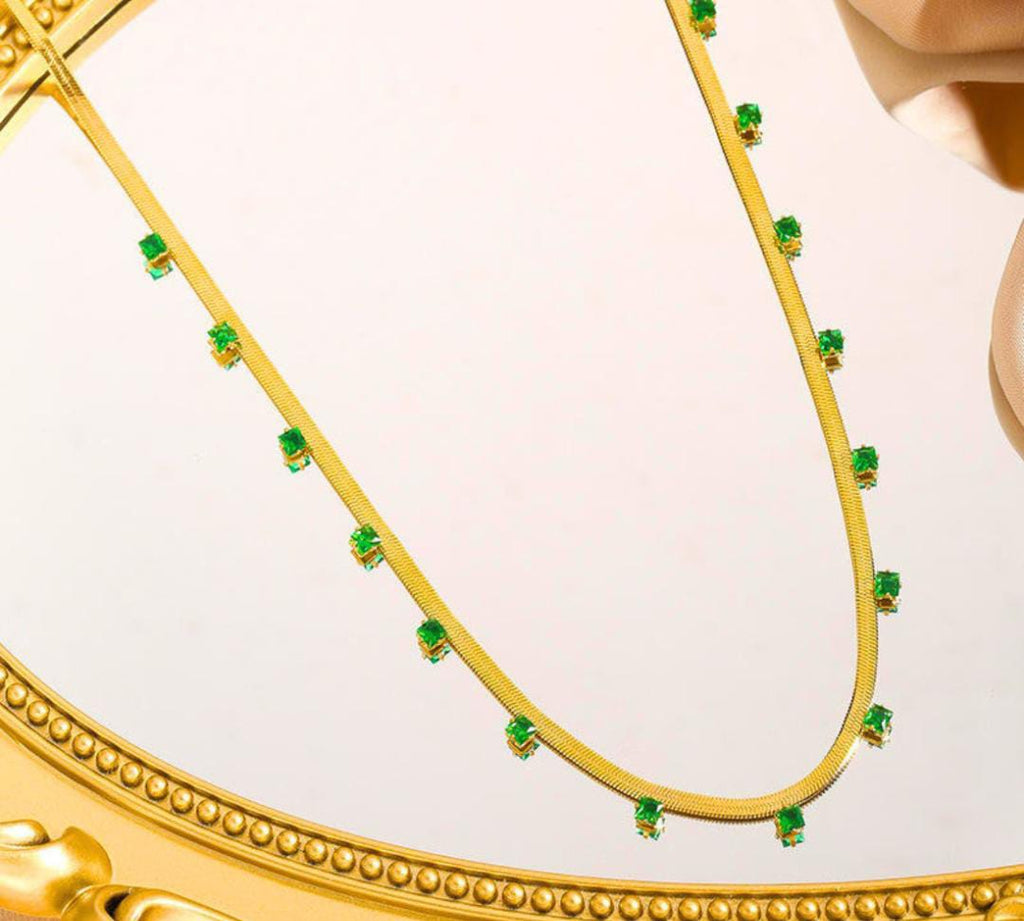Anti-Tarnish Green Stone Studded Snake Chain Stainless Steel Necklace