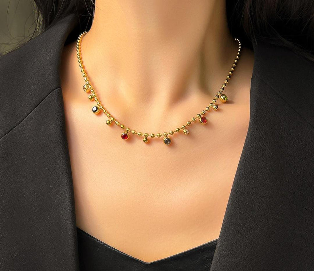 Anti-Tarnish Multi-Color Stone Beads Chain Stainless Steel Necklace