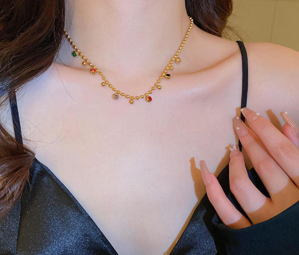 Anti-Tarnish Multi-Color Stone Beads Chain Stainless Steel Necklace