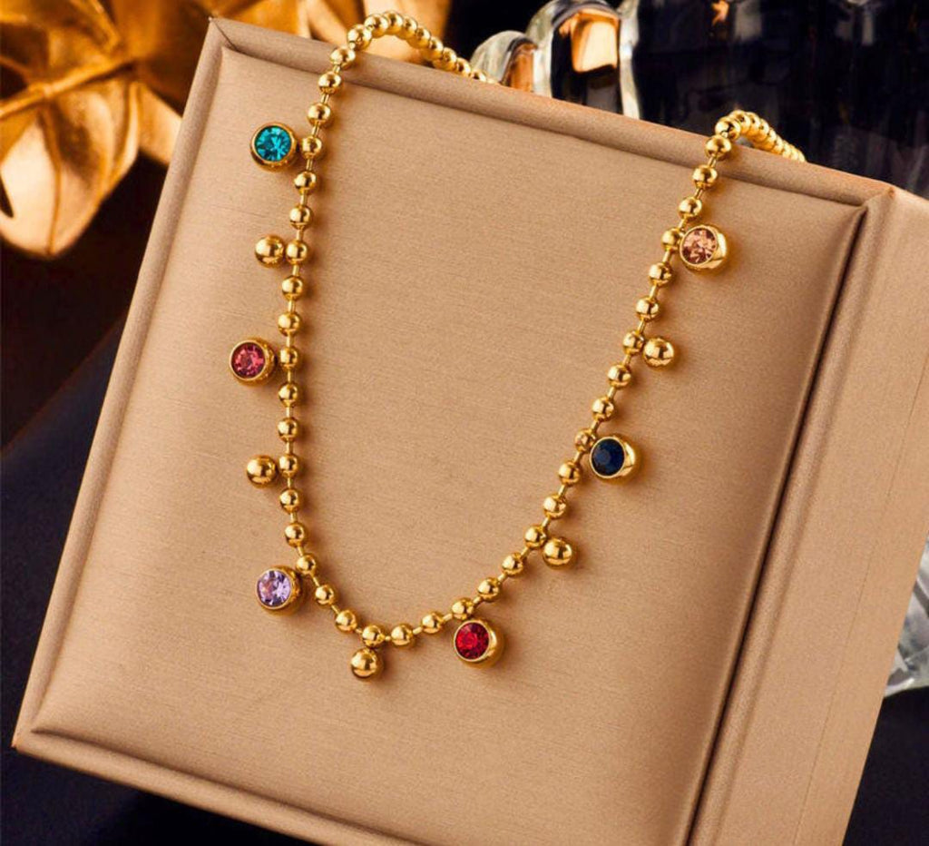Anti-Tarnish Multi-Color Stone Beads Chain Stainless Steel Necklace