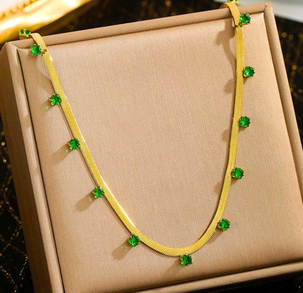 Anti-Tarnish Green Stone Studded Snake Chain Stainless Steel Necklace