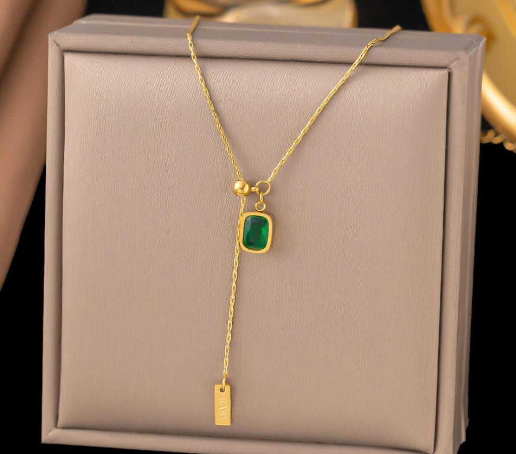 Anti-Tarnish Emerald Pendant Engraved Bar Drop 316L Stainless Steel Necklace