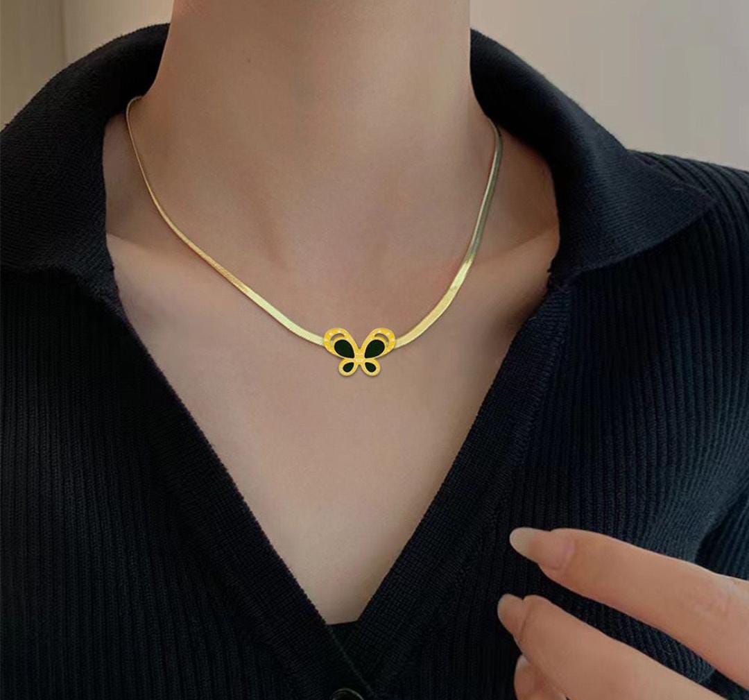 Anti-Tarnish Black Butterfly Snake Chain 316L Stainless Steel Necklace