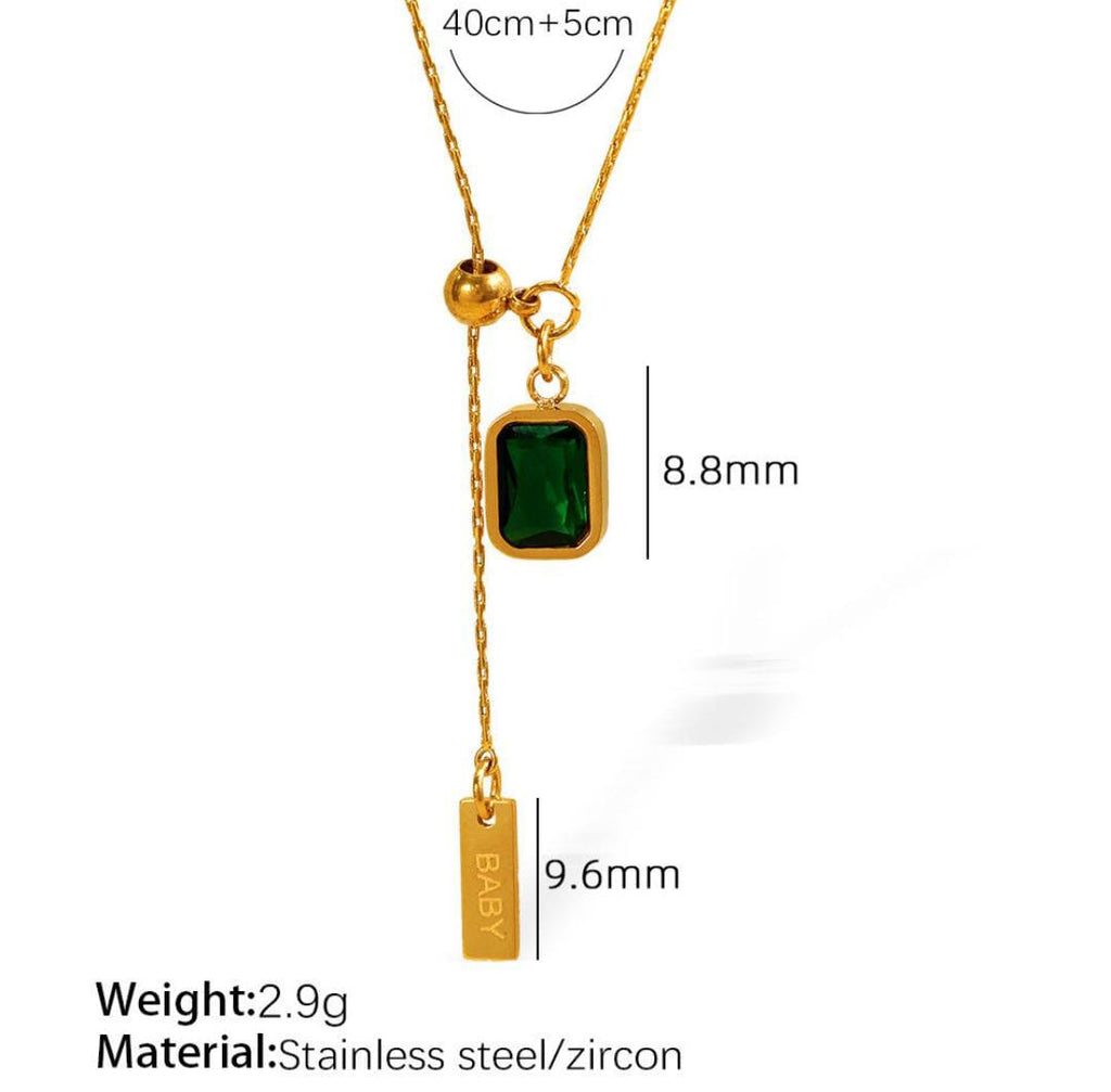 Anti-Tarnish Emerald Pendant Engraved Bar Drop 316L Stainless Steel Necklace