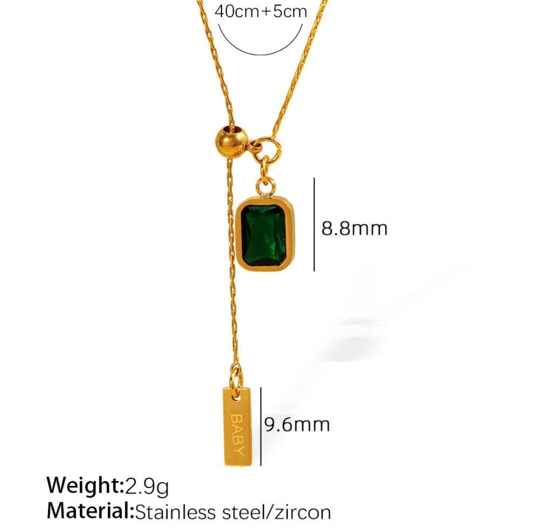 Anti-Tarnish Emerald Pendant Engraved Bar Drop 316L Stainless Steel Necklace