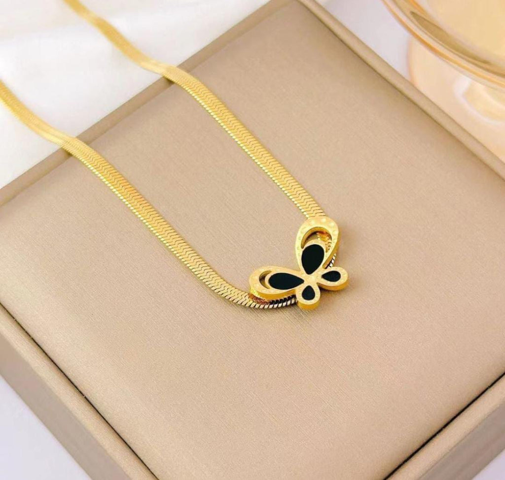 Anti-Tarnish Black Butterfly Snake Chain 316L Stainless Steel Necklace