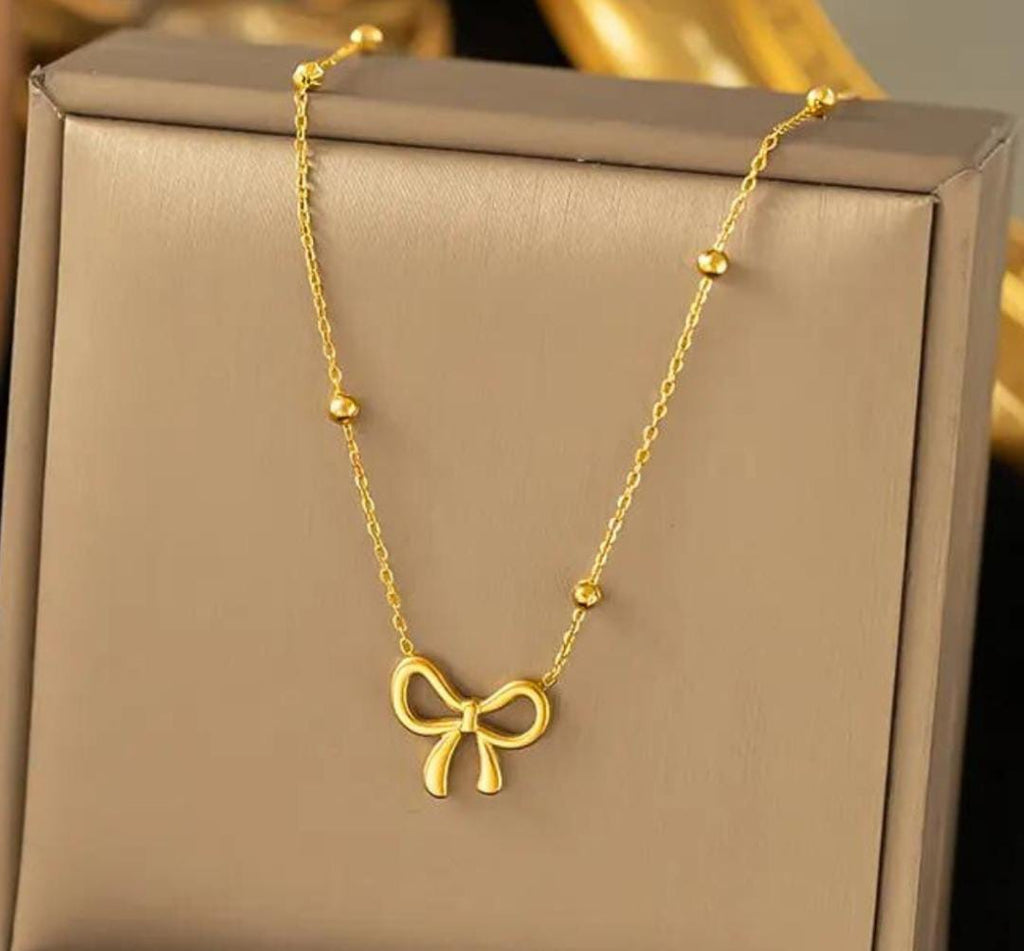 Anti-Tarnish Beads Chain Bow Stainless Steel Necklace