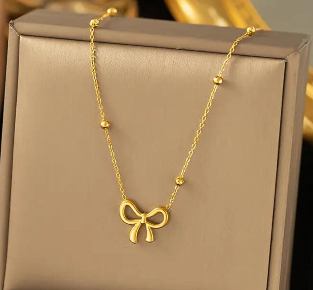 Anti-Tarnish Beads Chain Bow Stainless Steel Necklace
