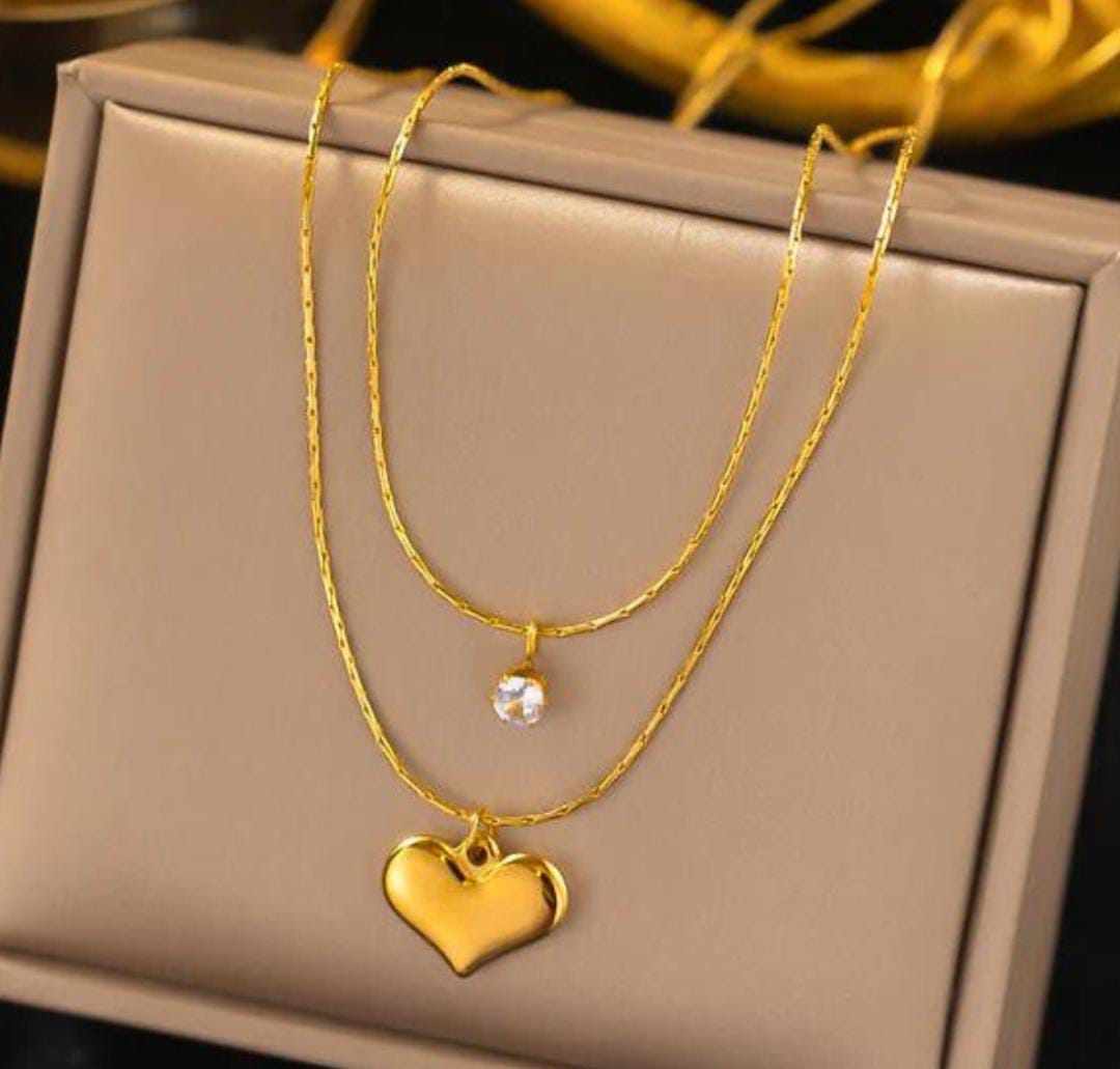 Anti-Tarnish Crystal Heart Double Layered Stainless Steel Necklace