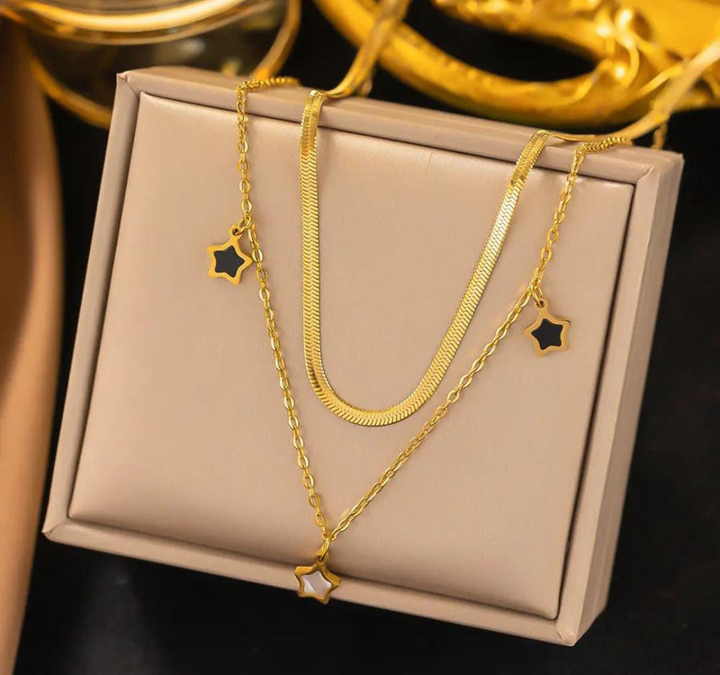 Anti-Tarnish Snake Chain Star Charms Dual Layer Stainless Steel Necklace