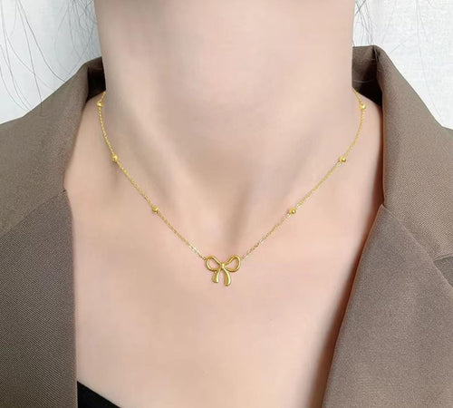 Anti-Tarnish Beads Chain Bow Stainless Steel Necklace