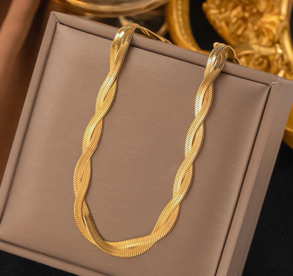 Anti-Tarnish 2 Layer Twisted Flat Snake Chain Stainless Steel Necklace