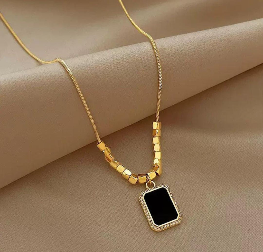 Anti-Tarnish 16 Square Beads Black Pendant Chain Necklace