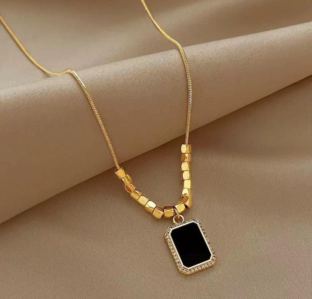 Anti-Tarnish 16 Square Beads Black Pendant Chain Necklace