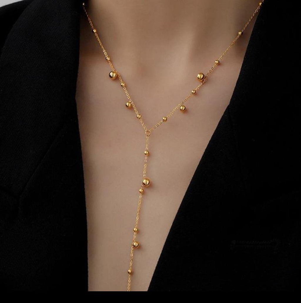 Anti-Tarnish Y-Shape Beads Chain Long Drop Stainless Steel Necklace