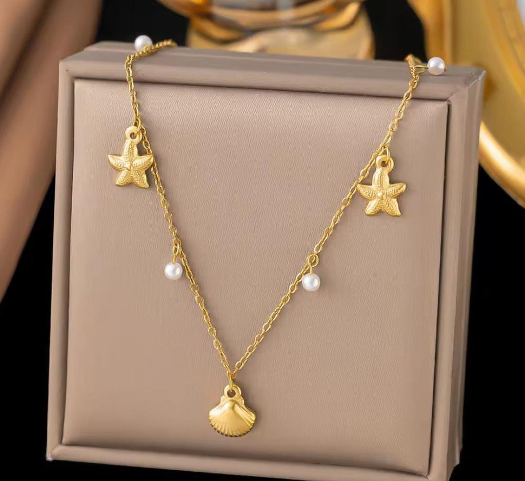 Anti-Tarnish Sea Shell Star Theme Pearl Charms Stainless Steel Necklace