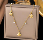 Anti-Tarnish Sea Shell Star Theme Pearl Charms Stainless Steel Necklace