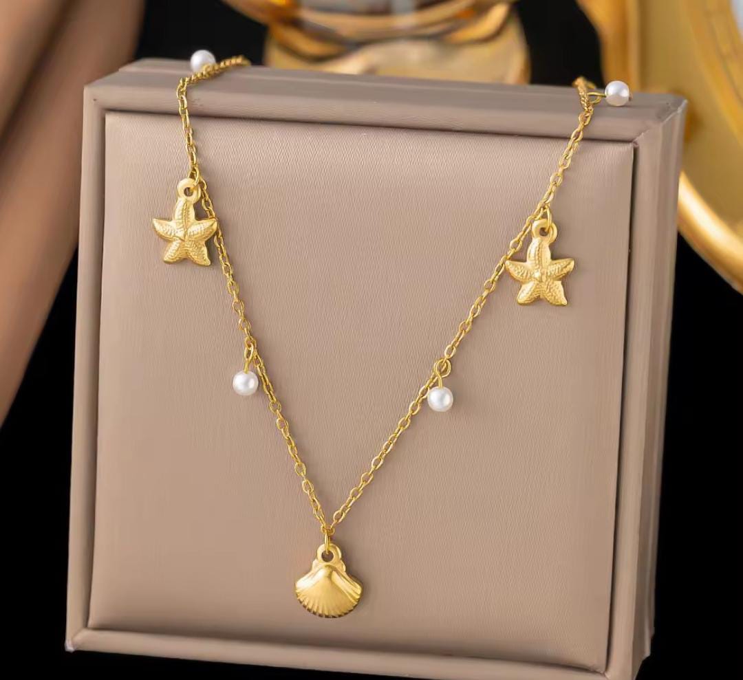 Anti-Tarnish Sea Shell Star Theme Pearl Charms Stainless Steel Necklace