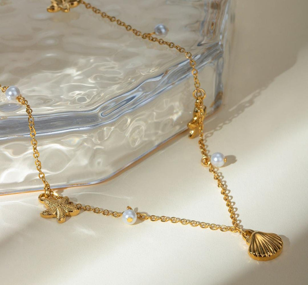 Anti-Tarnish Sea Shell Star Theme Pearl Charms Stainless Steel Necklace