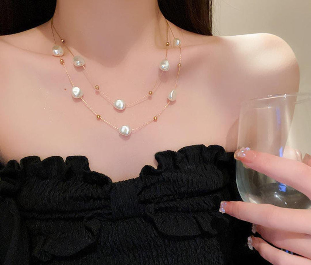 Anti-Tarnish Double Layers Irregular Pearl & Beads Stainless Steel Necklace