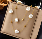Anti-Tarnish Double Layers Irregular Pearl & Beads Stainless Steel Necklace