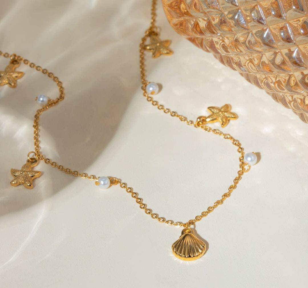 Anti-Tarnish Sea Shell Star Theme Pearl Charms Stainless Steel Necklace