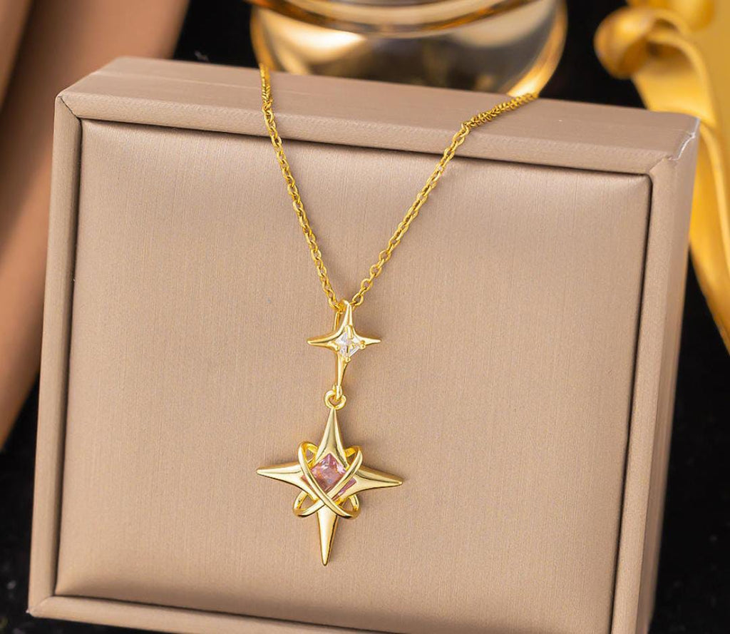 Anti-Tarnish Pink Stone Cross Hexagram Shooting Stars Stainless Steel Necklace