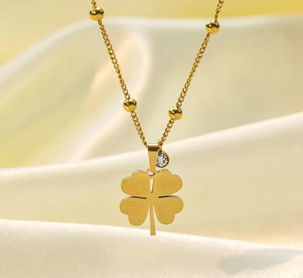 Anti-Tarnish Lucky Leaf Stone Drop Pendant Stainless Steel Necklace