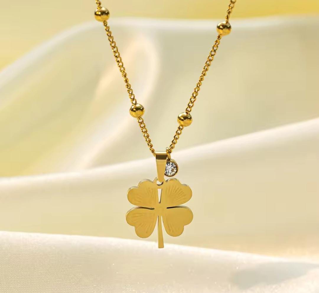 Anti-Tarnish Lucky Leaf Stone Drop Pendant Stainless Steel Necklace