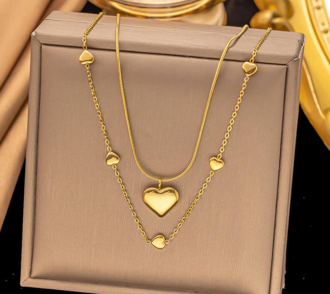 Anti-Tarnish Heart Chain & Drop Double Chain Stainless Steel Necklace