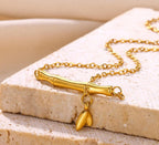 Anti-Tarnish Bamboo Bar Leaf Drop 316L Stainless Steel Necklace