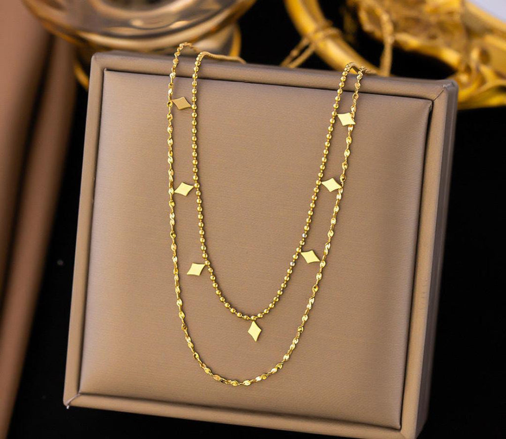 Anti-Tarnish Dual Layer Geometric Charm Stainless Steel Necklace