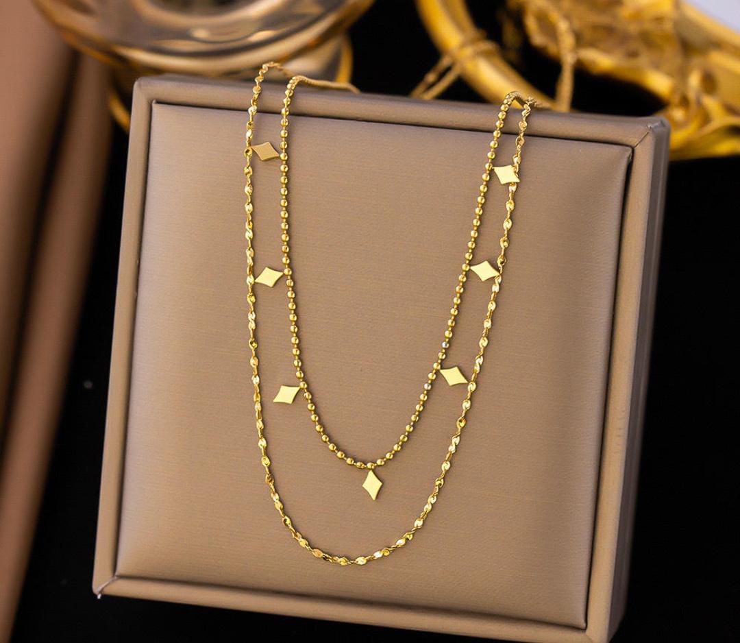 Anti-Tarnish Dual Layer Geometric Charm Stainless Steel Necklace