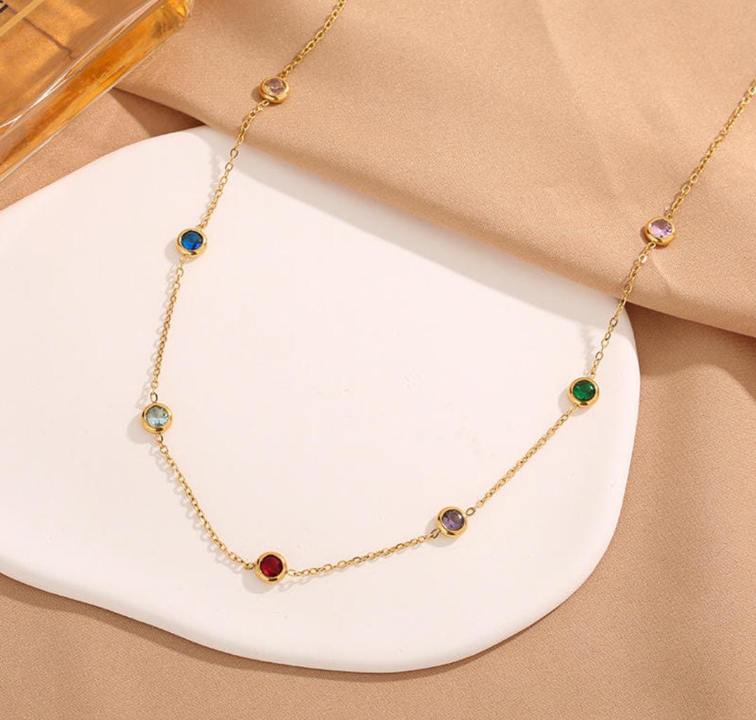 Anti-Tarnish Multi-Color Stone Charms 316L Stainless Steel Necklace