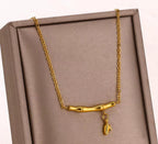 Anti-Tarnish Bamboo Bar Leaf Drop 316L Stainless Steel Necklace