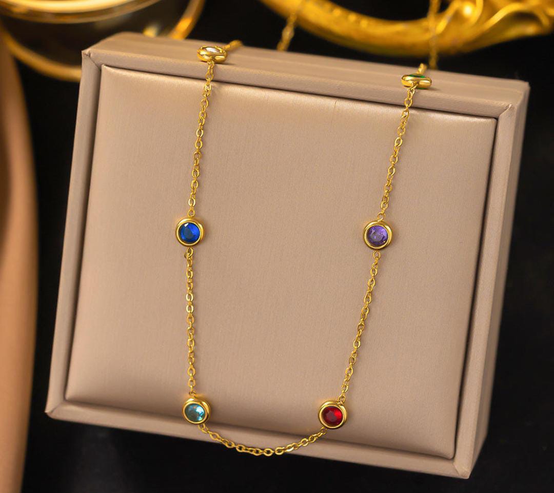 Anti-Tarnish Multi-Color Stone Charms 316L Stainless Steel Necklace