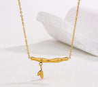 Anti-Tarnish Bamboo Bar Leaf Drop 316L Stainless Steel Necklace