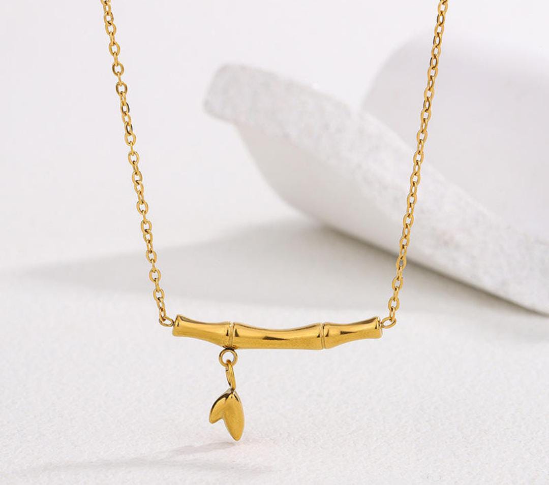 Anti-Tarnish Bamboo Bar Leaf Drop 316L Stainless Steel Necklace