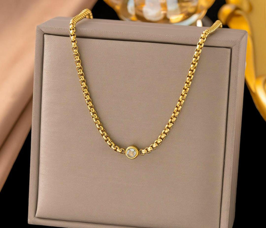Anti-Tarnish Round Diamond Geometric Link Chain Stainless Steel Necklace