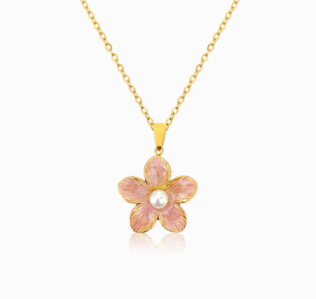 Anti-Tarnish Pink Flower Stainless Steel Pendant Necklace