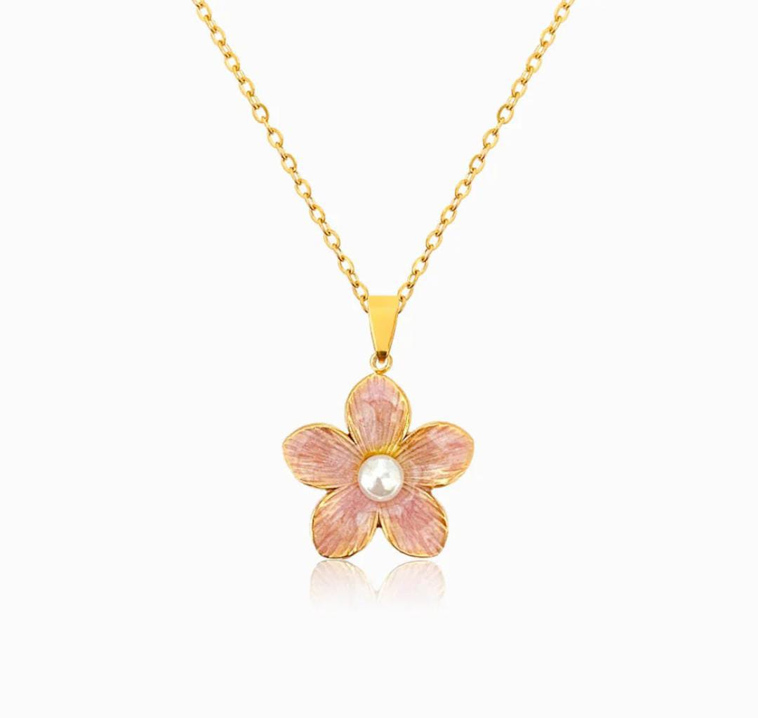 Anti-Tarnish Pink Flower Stainless Steel Pendant Necklace