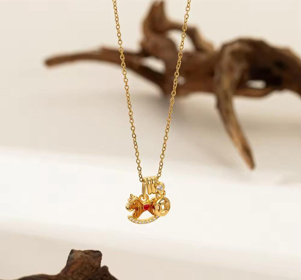 Anti-Tarnish Wooden Horse Charm Drop Stainless Steel Necklace